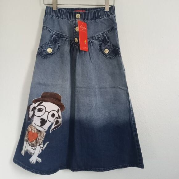 STYLE 7 Preppy Blue Denim Skirt Dog NWT Knee ALine Elastic Pockets Size 25 S XS - Picture 11 of 11